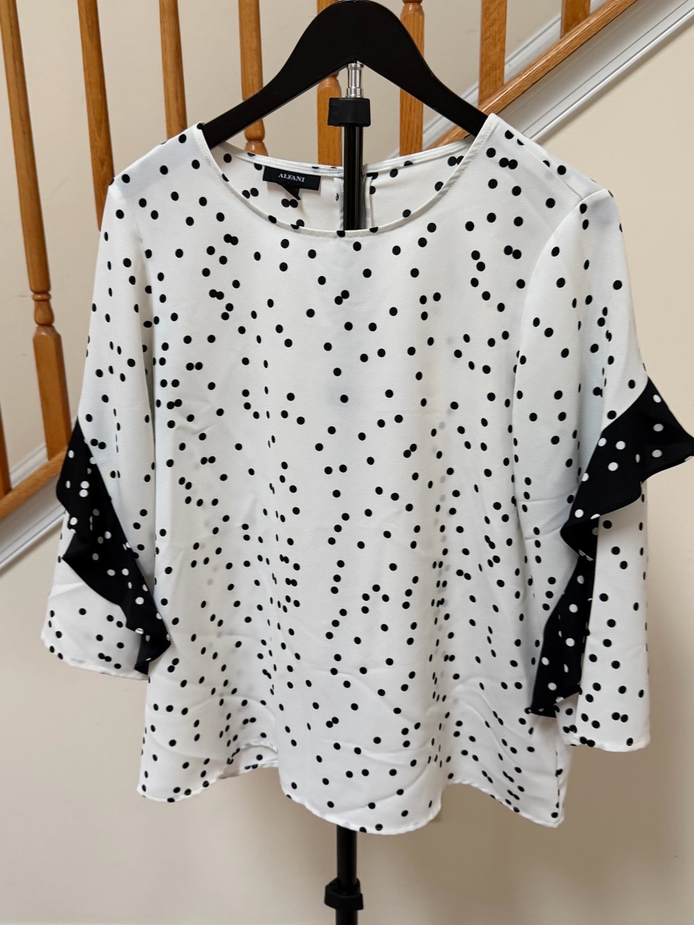 Alfani White Blouse with Black Polka Dots and Ruffle Sleeves